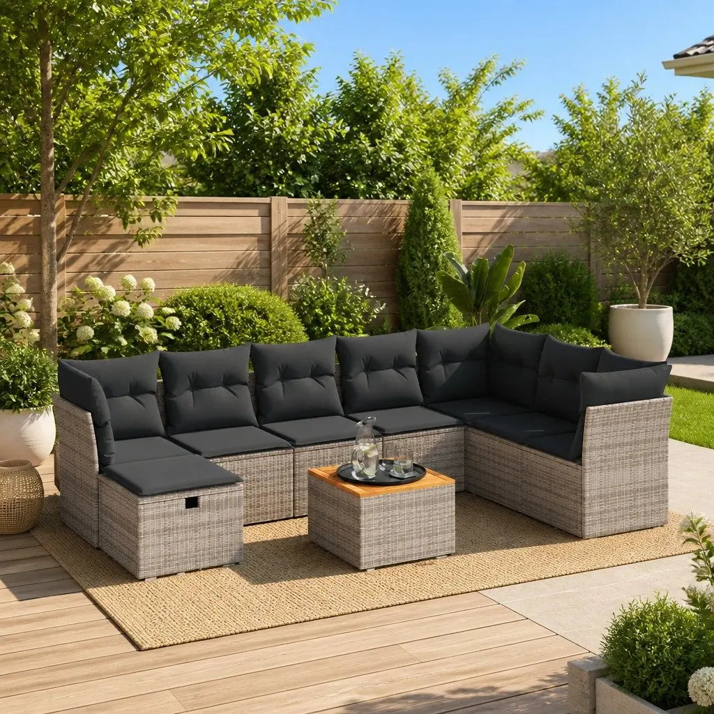 Garden Sofa Set 9 Piece Outdoor Furniture Grey Poly Rattan Modular Patio
