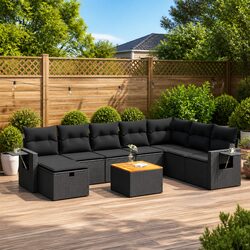 Sleek 9-Piece Outdoor Sofa Set in Black with Cushions