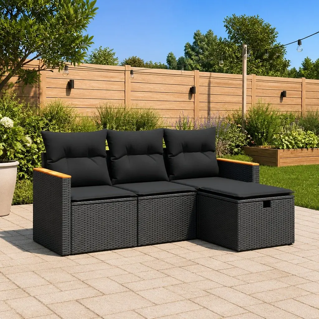 Garden Sofa Set 4 Piece Outdoor Furniture Patio Lounge with Cushions Black Poly