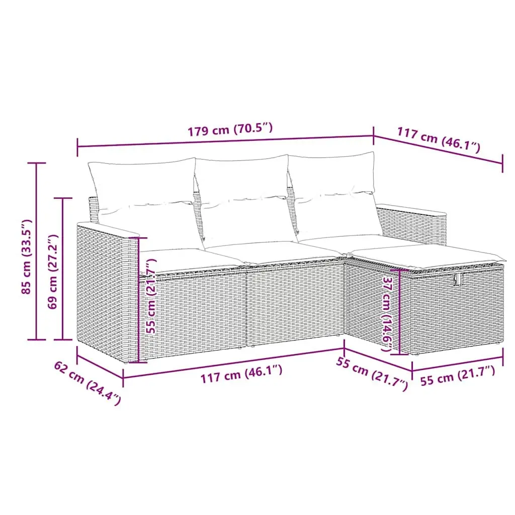 Garden Sofa Set 4 Piece Outdoor Furniture Patio Grey Poly Rattan with Cushions