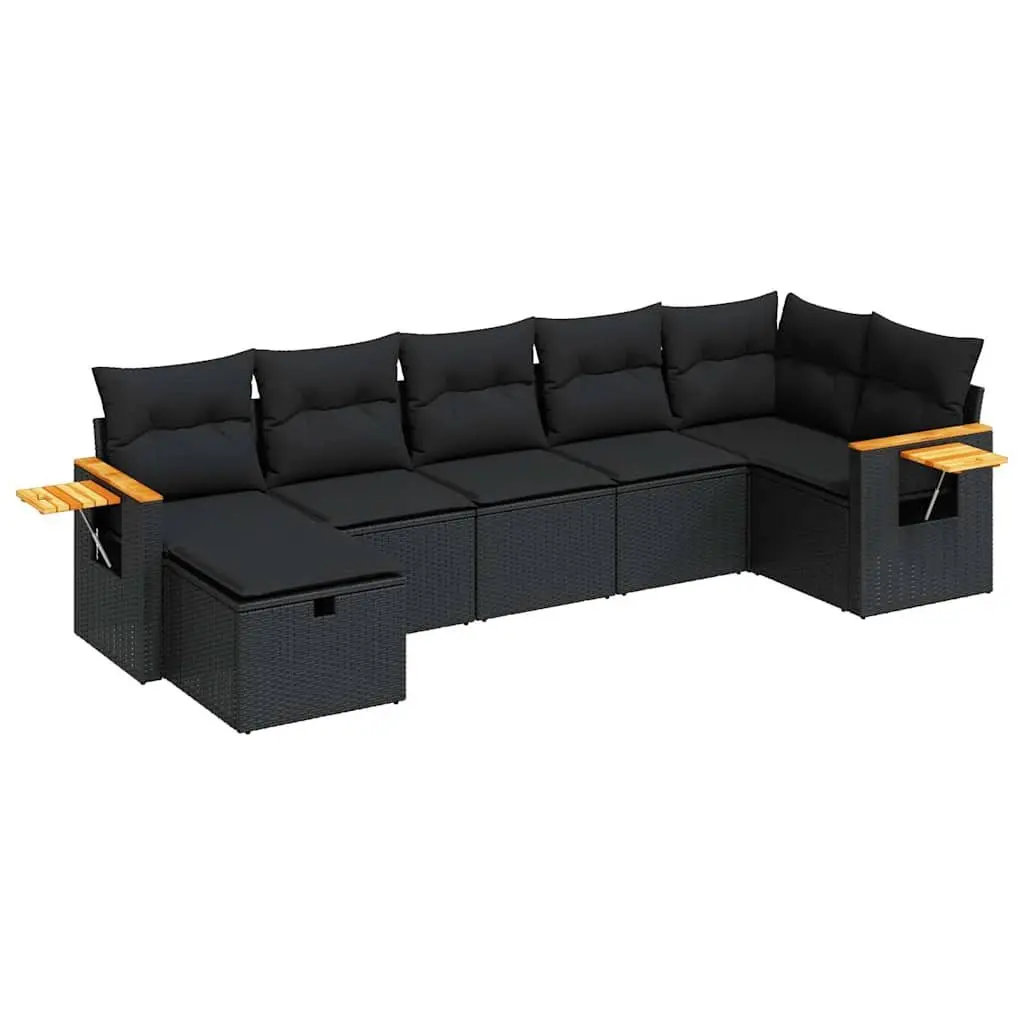 7 Piece Outdoor Furniture Set Black Poly Rattan Garden Sofa with Storage Compartments and Cushions