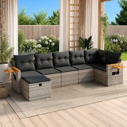 7 Piece Garden Sofa Set Outdoor Furniture Patio Lounge Grey Poly Rattan Cushions