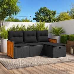 Garden Sofa Set 4 Piece Outdoor Patio Furniture Black Poly Rattan with Storage