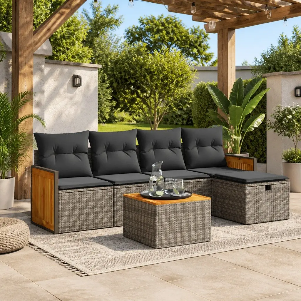 6 Piece Grey Outdoor Sofa Set Poly Rattan with Cushions and Storage Space