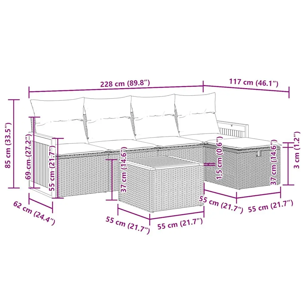 6 Piece Grey Outdoor Sofa Set Poly Rattan with Cushions and Storage Space