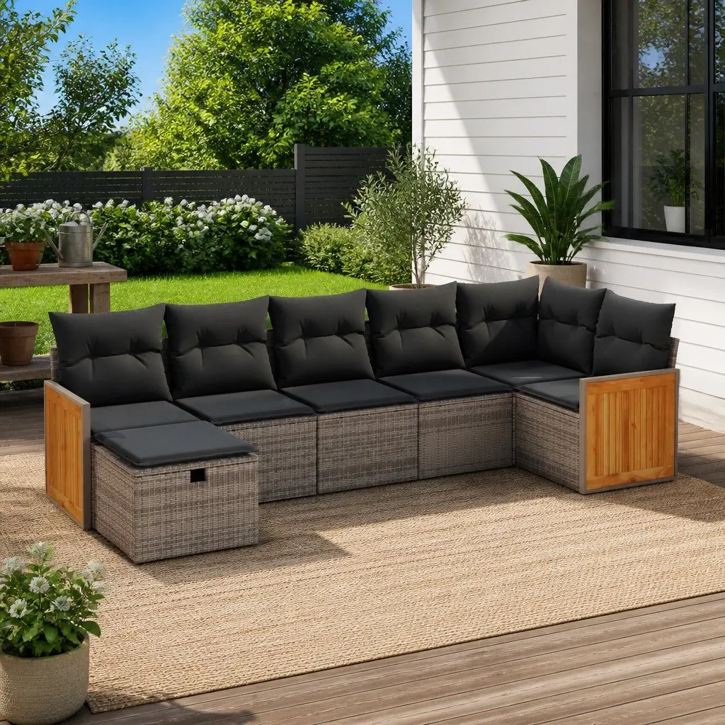 7 Piece Garden Sofa Set Grey Poly Rattan Outdoor Furniture with Cushions