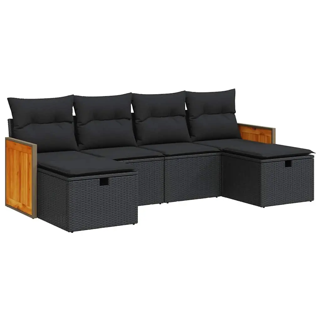 Outdoor Patio Sofa Set 6 Piece Black Poly Rattan Cushions Storage Function Removable Covers