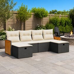Garden Sofa Set 6 Piece Outdoor Furniture with Storage Cushions Black Poly