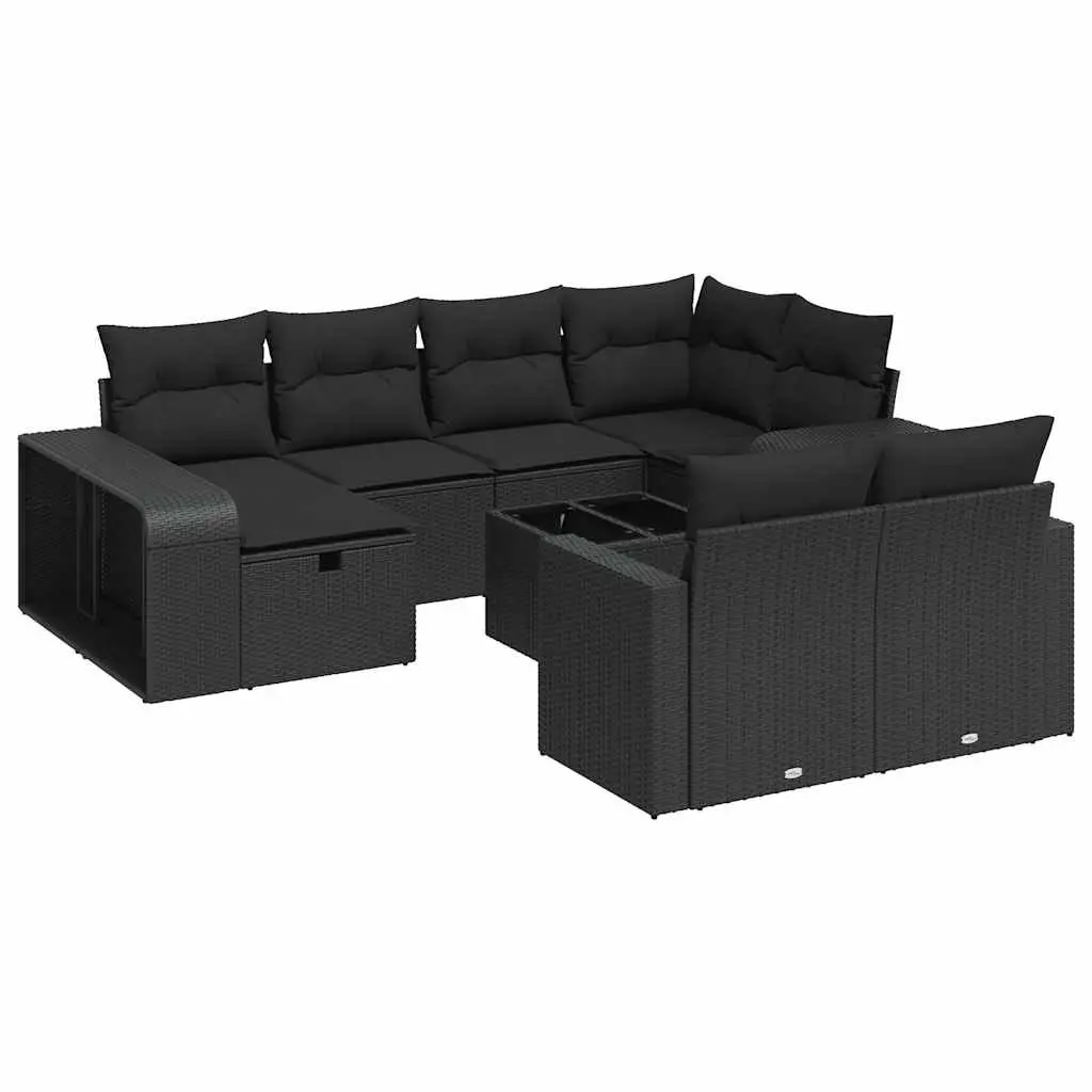 Garden Sofa Set 11 Piece Outdoor Furniture Black Poly Rattan with Tempered Glass Table and Storage Function