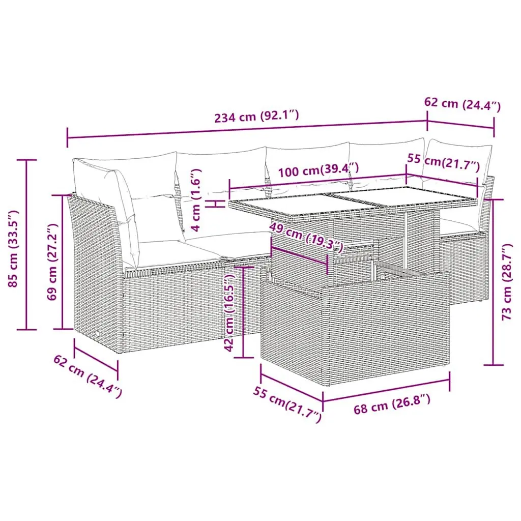 5 Piece Black Poly Rattan Outdoor Sofa Set with Cushions and Adjustable Table for Patio Relaxation