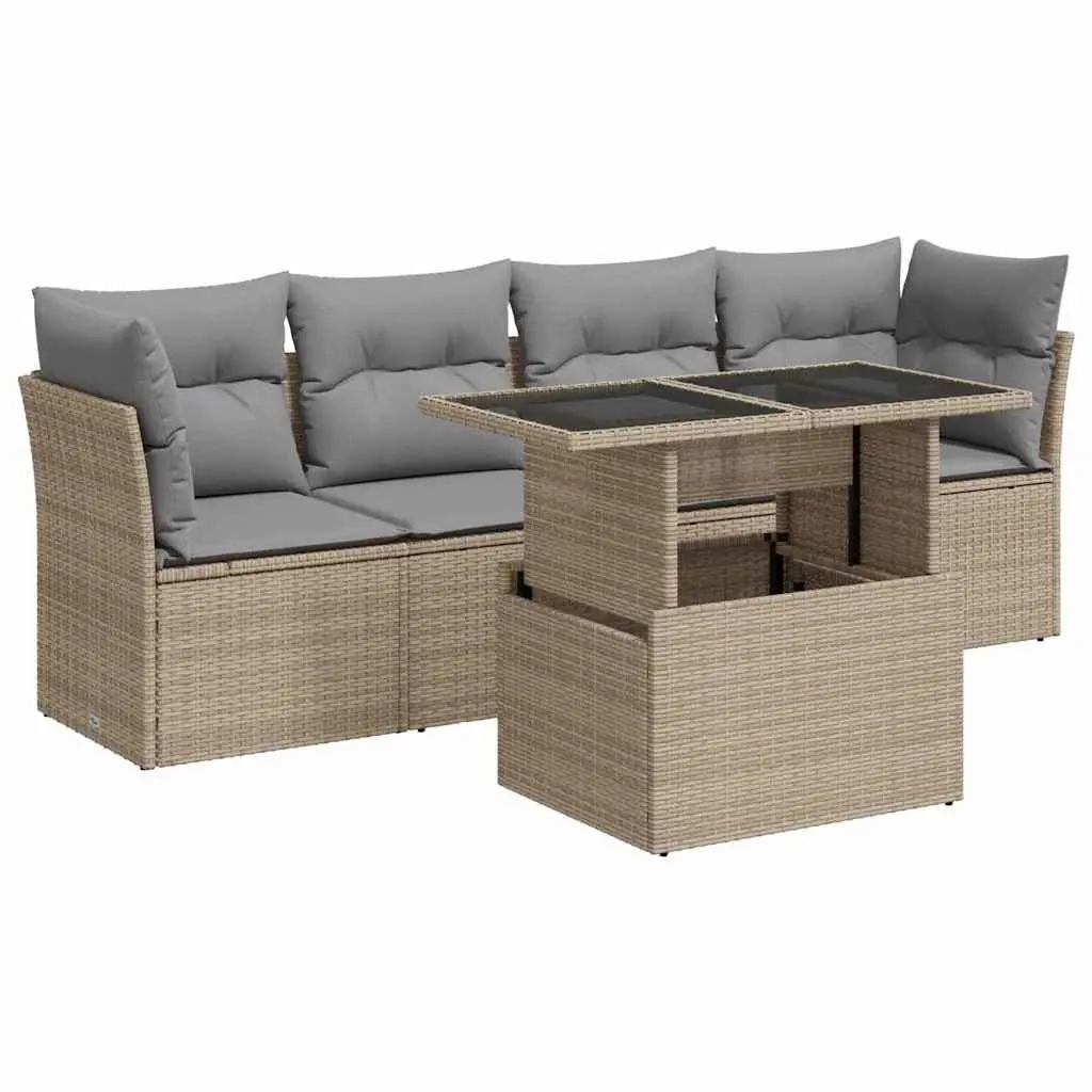 Outdoor Garden Sofa Set 5 Piece Beige PE Rattan Patio Furniture with Storage