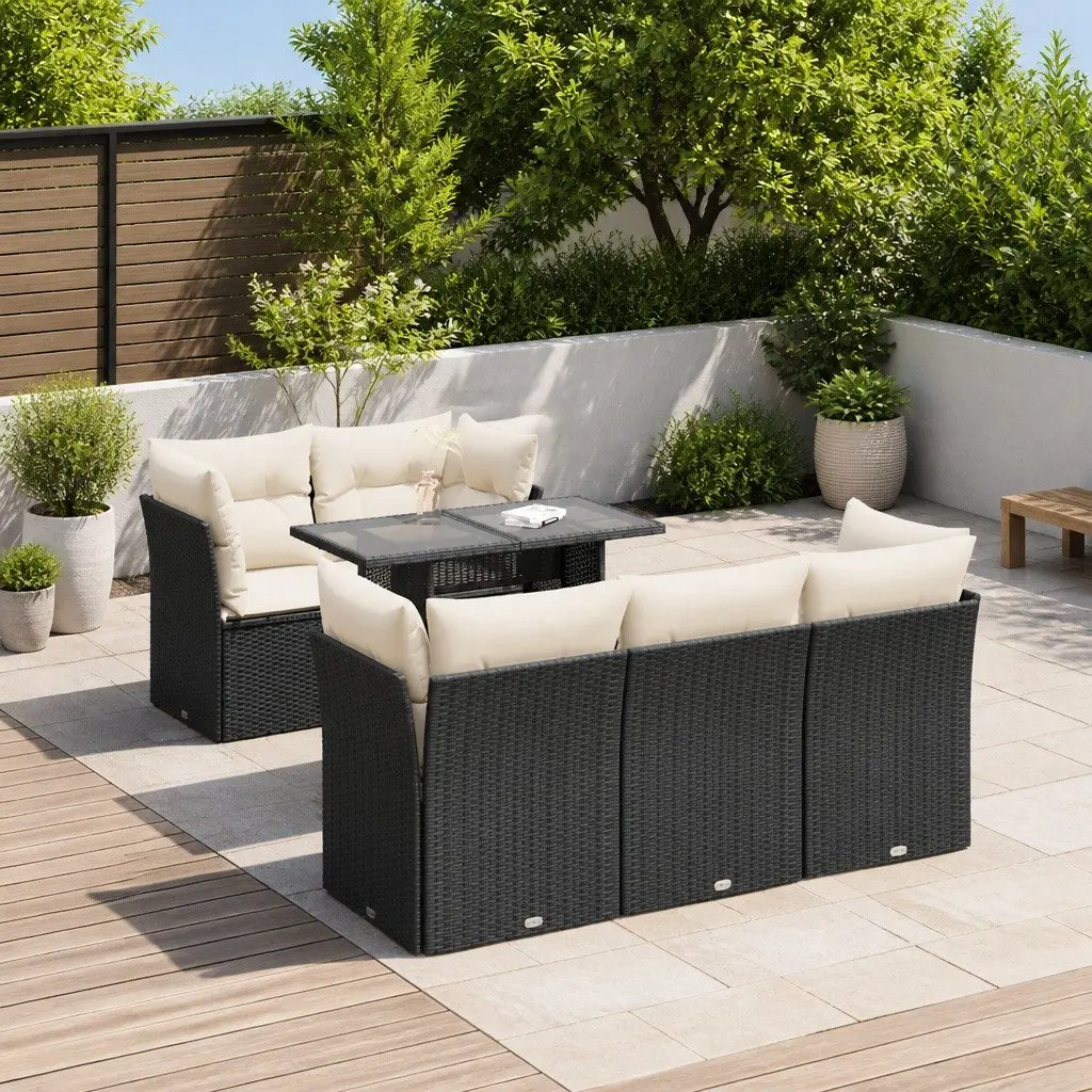 Outdoor Patio Sofa Set 6 Piece Black PE Rattan with Cushions Adjustable Table