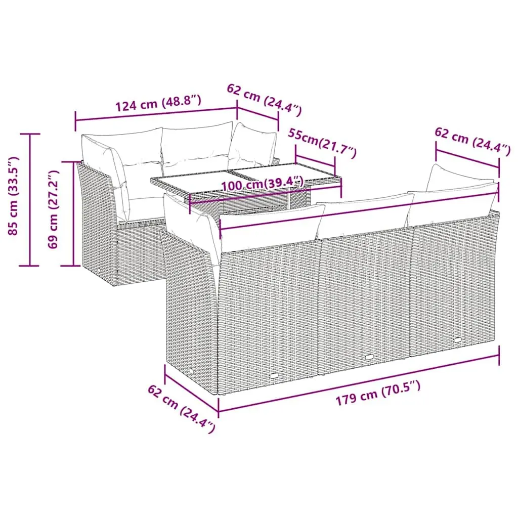 Outdoor Patio Sofa Set 6 Piece Black PE Rattan with Cushions Adjustable Table