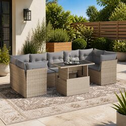 Garden Sofa Set 8 Piece Outdoor Furniture Beige Poly Rattan Patio Seating