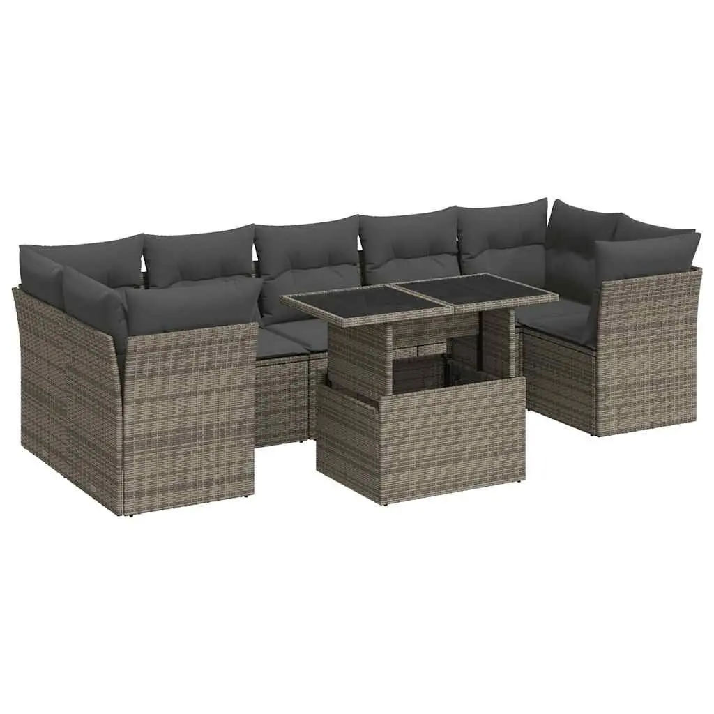 Garden Sofa Set Grey Poly Rattan 8 Piece Outdoor Furniture with Storage Cushions
