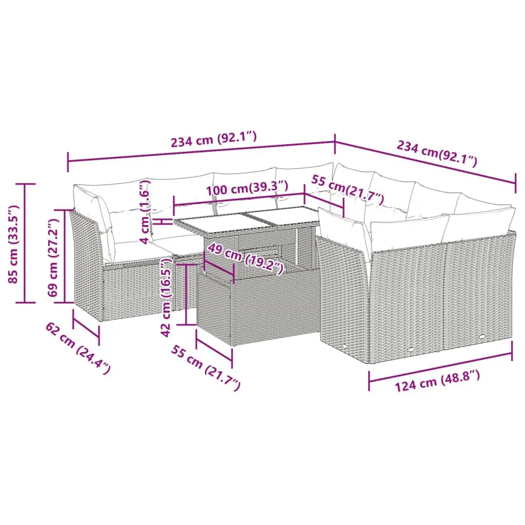 Garden Sofa Set Black Poly Rattan 9 Piece Outdoor Furniture Patio Lounge