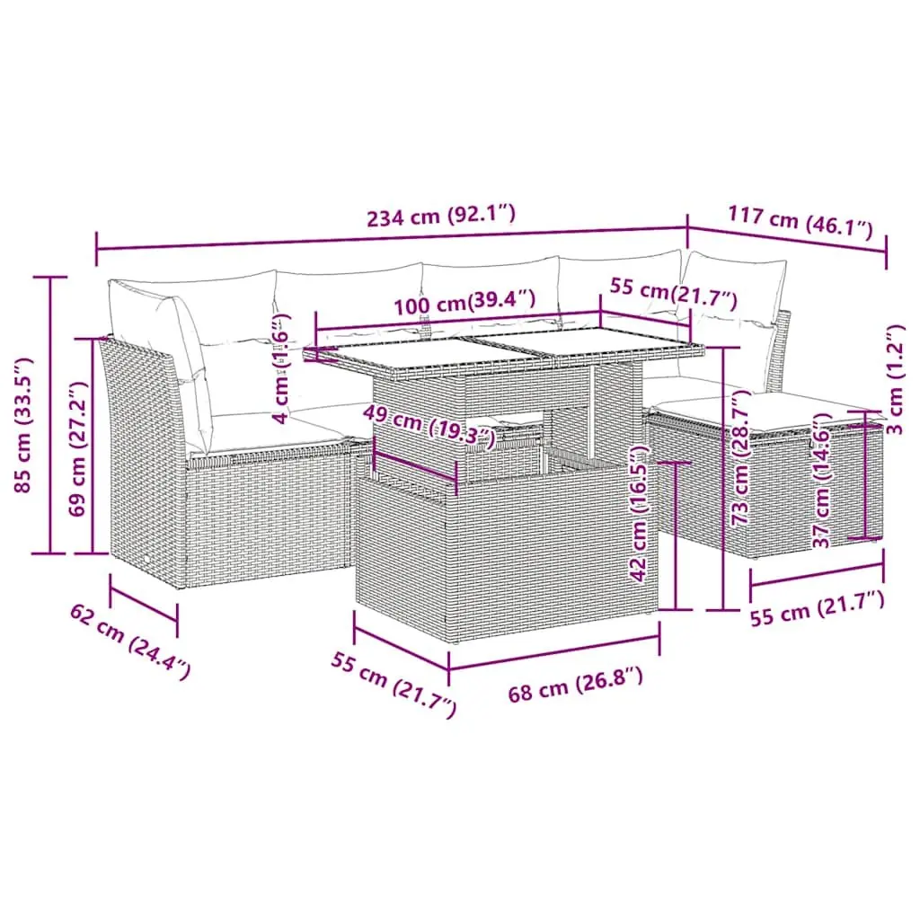 Garden Sofa Set Grey 6 Piece Outdoor Furniture Poly Rattan with Cushions and Storage
