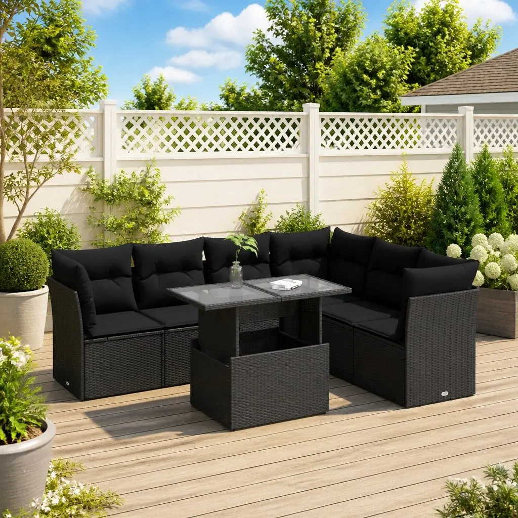 Outdoor Patio Furniture Set 7 Piece Black Poly Rattan Sofa with Cushions and Adjustable Table