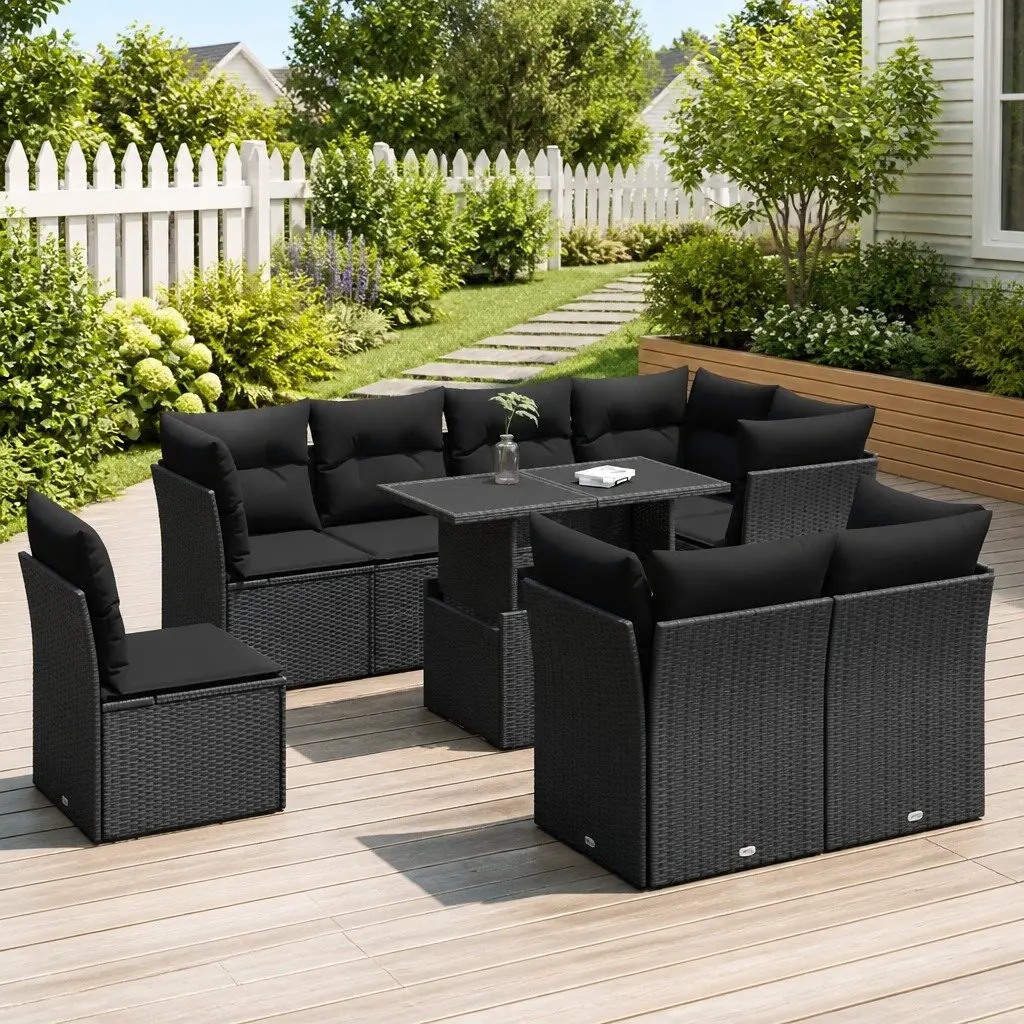Garden Sofa Set 9 Piece Outdoor Furniture PE Rattan Black with Cushions and Adjustable Tabletop