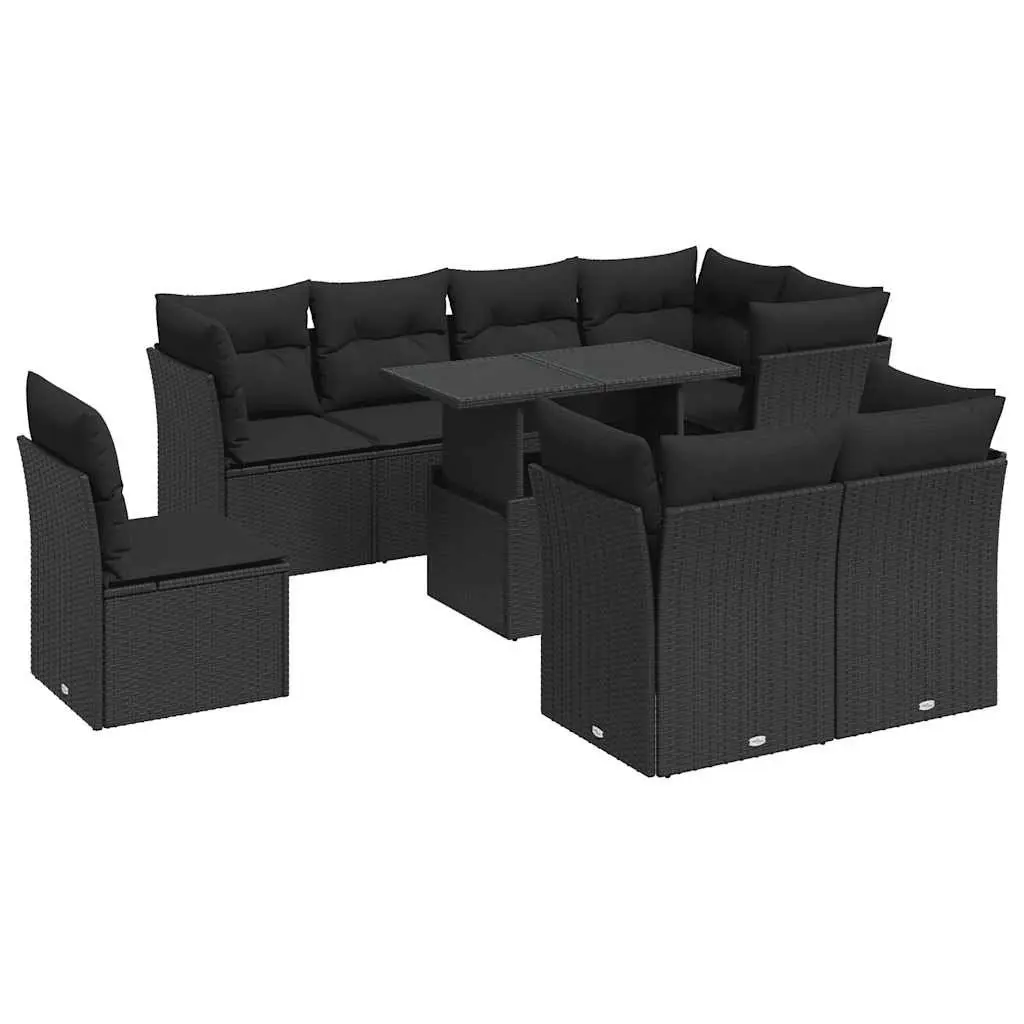 Garden Sofa Set 9 Piece Outdoor Furniture PE Rattan Black with Cushions and Adjustable Tabletop