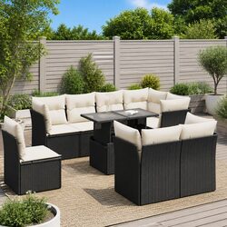 9 Piece Outdoor Garden Sofa Set Black Poly Rattan Patio Furniture with Cushions