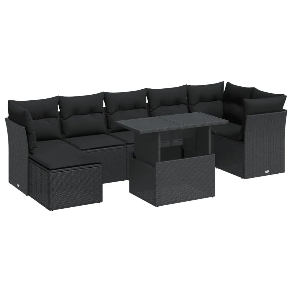 Outdoor Furniture Set 8 Piece Black Poly Rattan Garden Sofa with Cushions and Adjustable Table