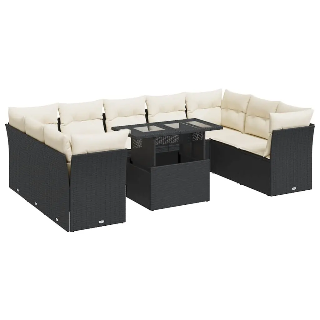 10 Piece Garden Sofa Set Black PE Rattan Outdoor Furniture Adjustable Table with Cushions