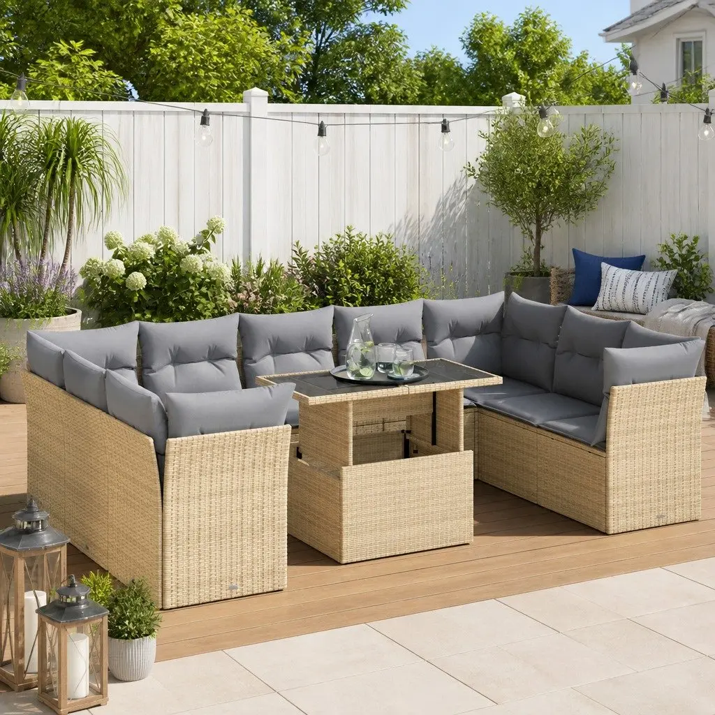 Outdoor Sofa Set 10 Piece Beige Rattan Furniture Patio Seating with Adjustable Table