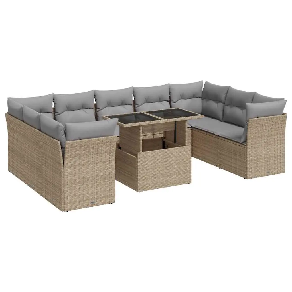 Outdoor Sofa Set 10 Piece Beige Rattan Furniture Patio Seating with Adjustable Table