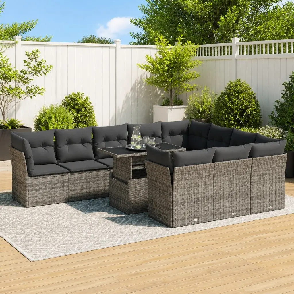 11 Piece Outdoor Sectional Sofa Set Grey PE Rattan Furniture for Patio and Garden