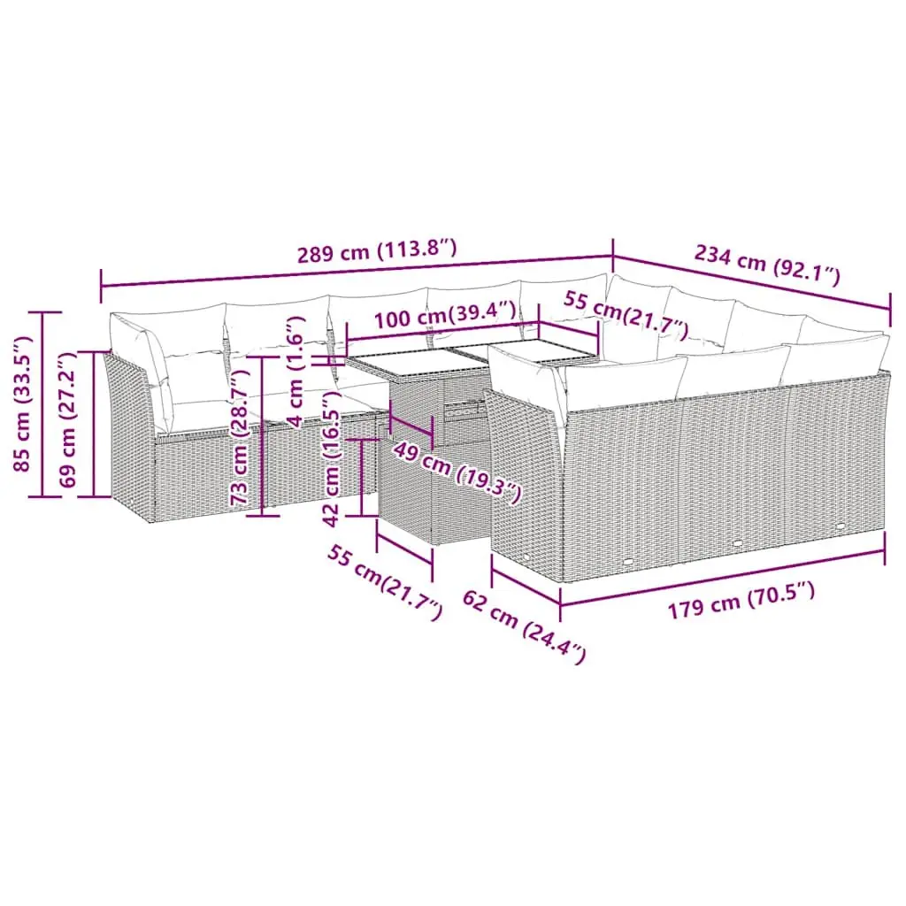 11 Piece Outdoor Sectional Sofa Set Grey PE Rattan Furniture for Patio and Garden