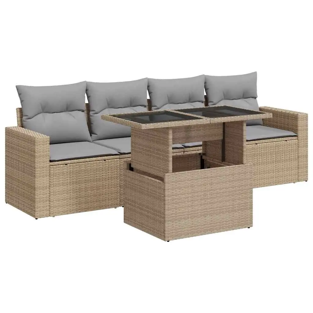 5 Piece Outdoor Garden Sofa Set Beige Poly Rattan with Storage