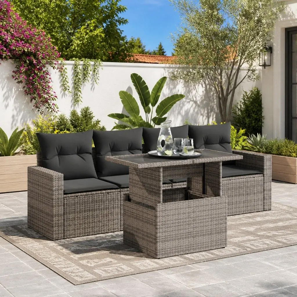 Garden Sofa Set 5 Piece Grey Poly Rattan Outdoor Furniture with Adjustable Table and Storage Compartment