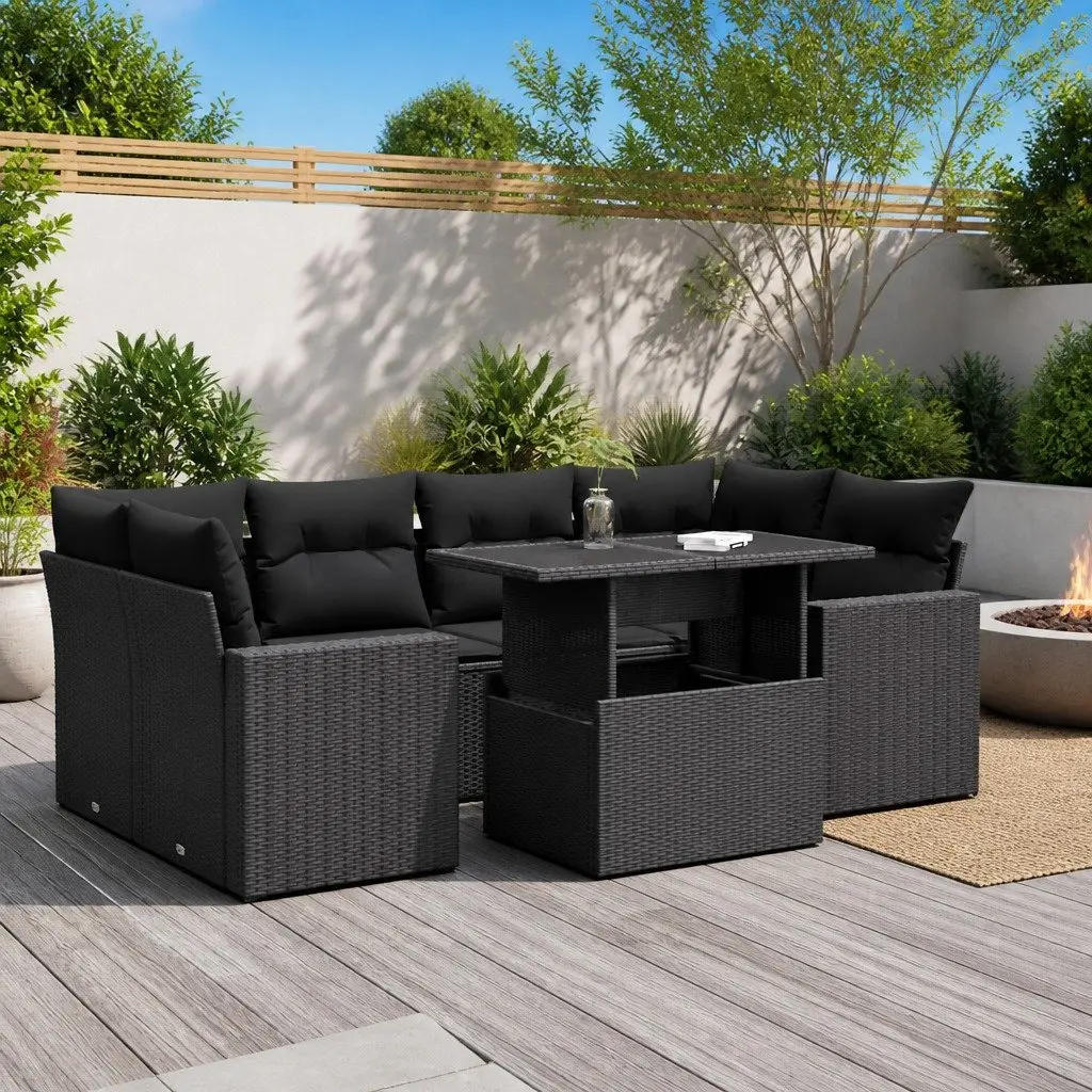 7 Piece Garden Sofa Set with Cushions Storage Black Outdoor