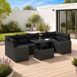 Garden Sofa Set 8 Piece Outdoor Furniture Black Poly Rattan Patio Seating with