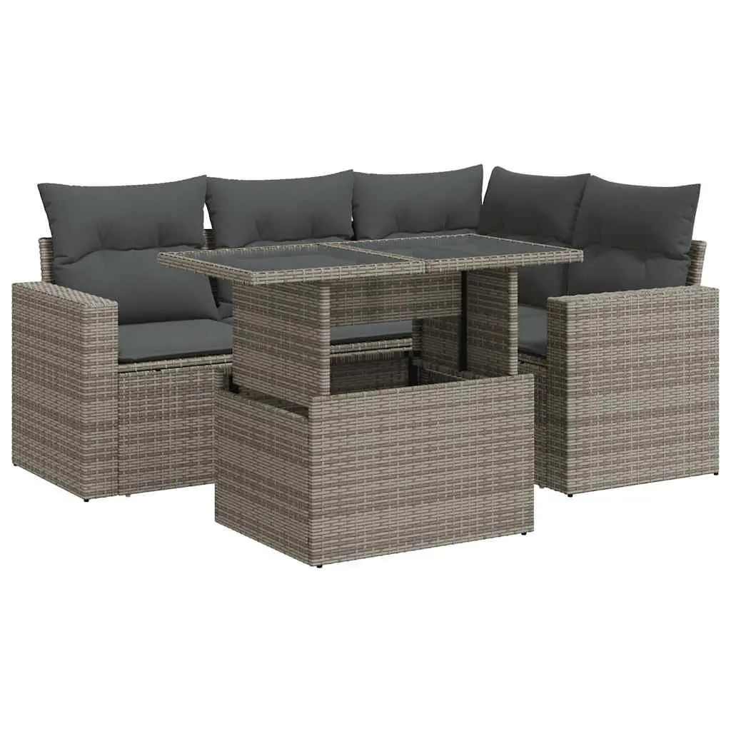 5 Piece Outdoor Garden Sofa Set Grey Poly Rattan with Cushions Adjustable Tabletop and Storage Compartments