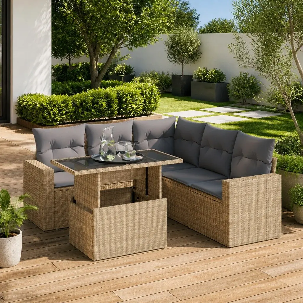 Garden Sofa Set 6 Piece Outdoor Furniture with Storage Cushions Beige Rattan