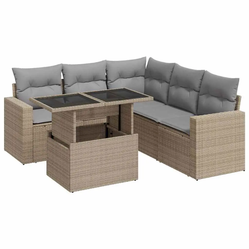 Garden Sofa Set 6 Piece Outdoor Furniture with Storage Cushions Beige Rattan