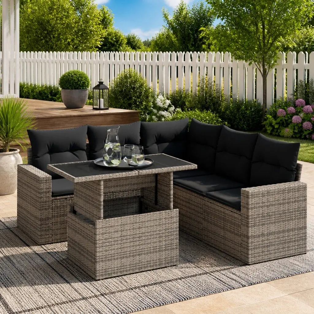 Outdoor Furniture Set Grey Poly Rattan 6 Piece Garden Sofa with Adjustable Table and Storage Bags