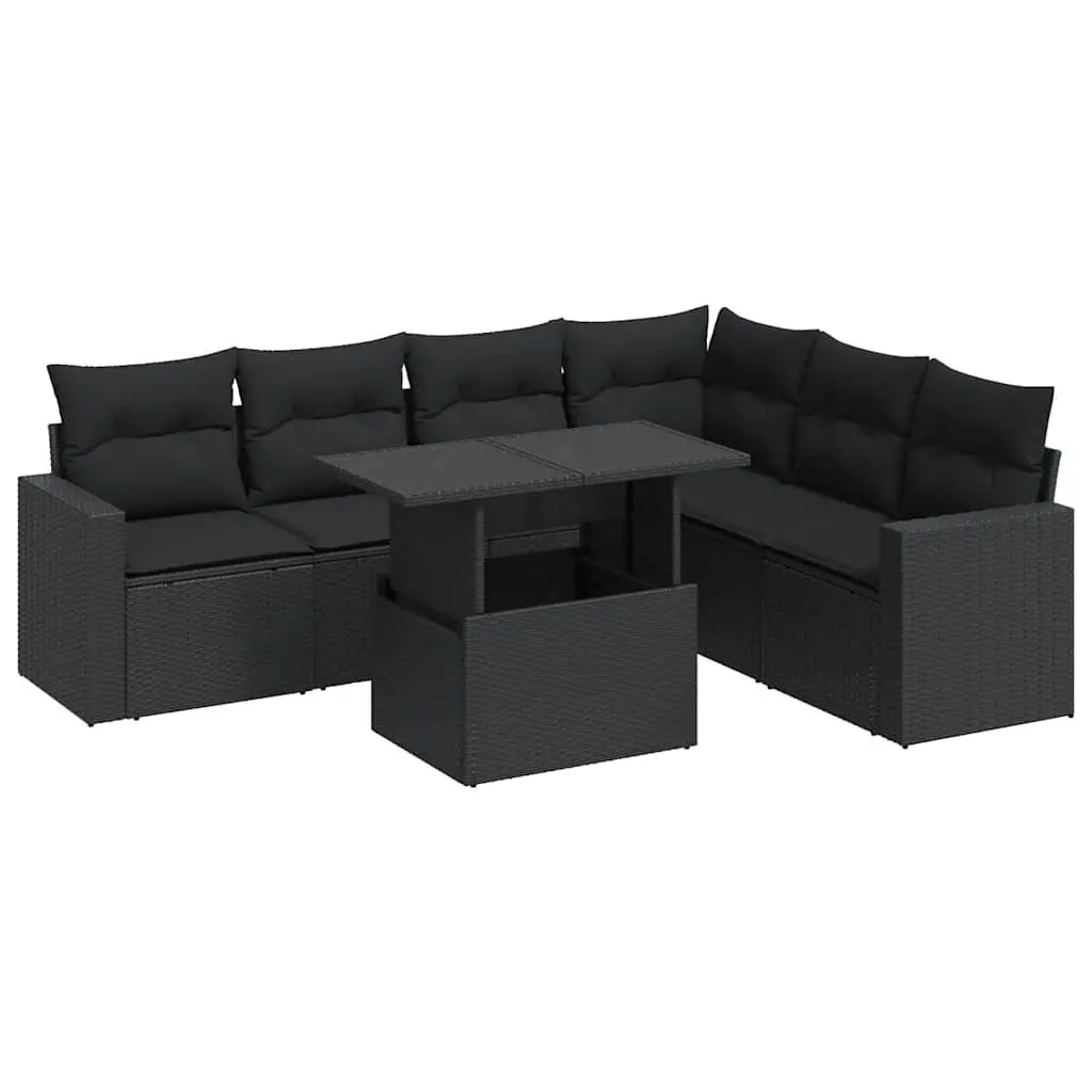 Outdoor Garden Sofa Set 7 Piece Black Poly Rattan Patio Furniture with Storage