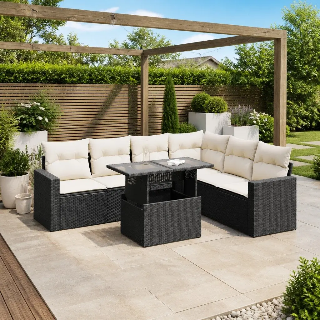 7 Piece Garden Sofa Set with Storage Cushions Black Poly Rattan Outdoor Patio
