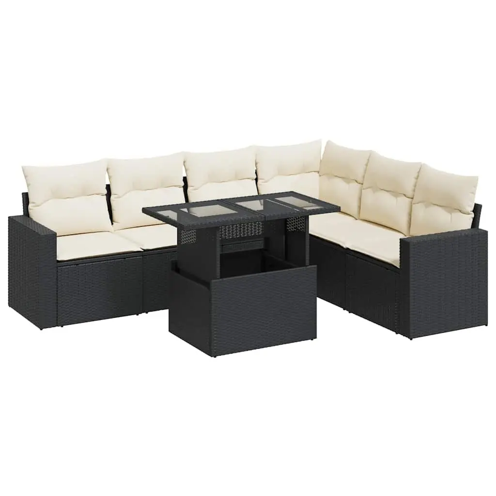7 Piece Garden Sofa Set with Storage Cushions Black Poly Rattan Outdoor Patio