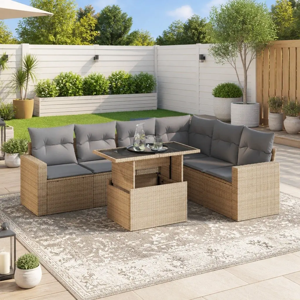 7 Piece Garden Sofa Set Outdoor Patio Furniture Beige Poly Rattan with Cushions