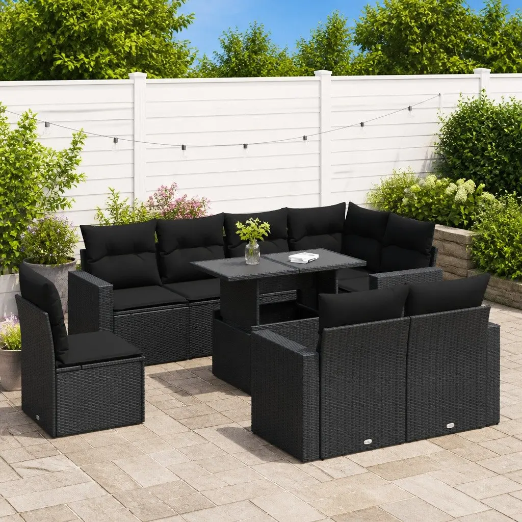 Garden Sofa Set 9 Piece Outdoor Patio Furniture Black Poly Rattan Cushions