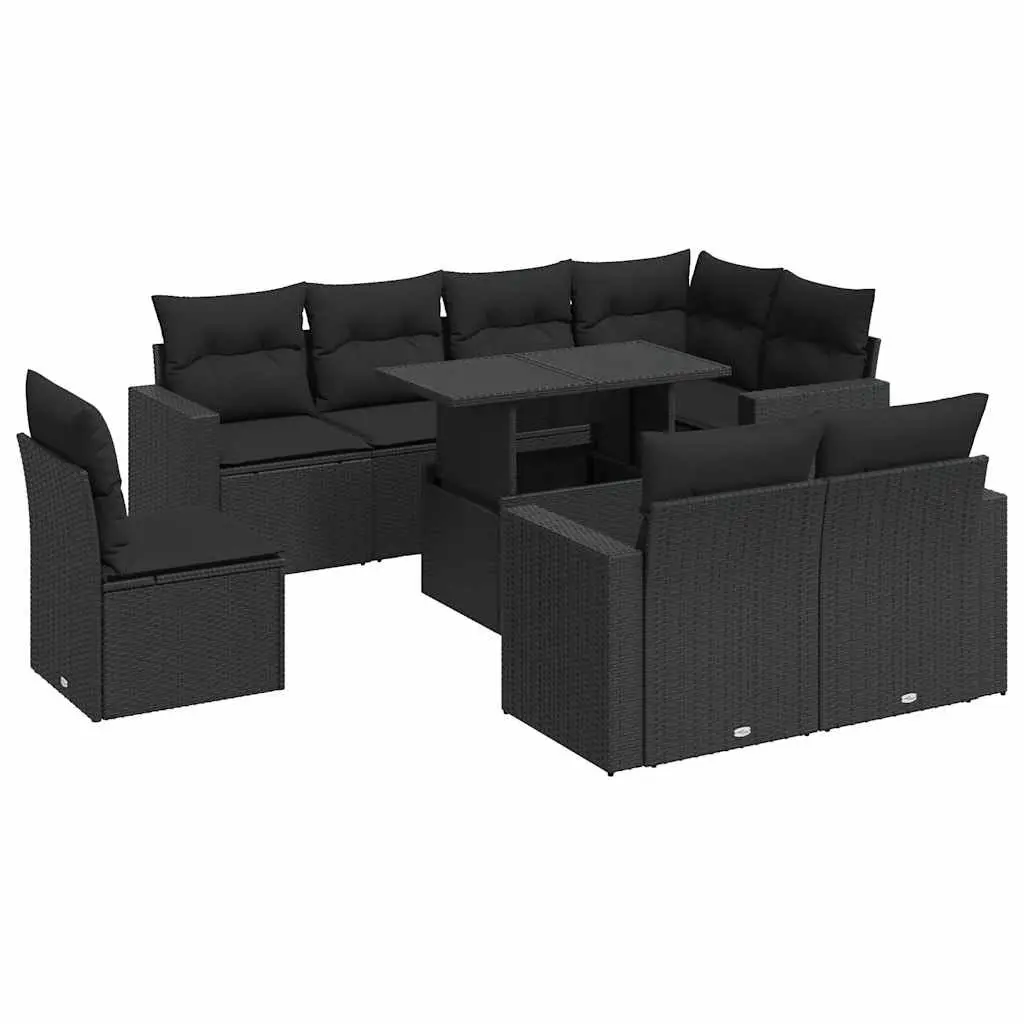 Garden Sofa Set 9 Piece Outdoor Patio Furniture Black Poly Rattan Cushions
