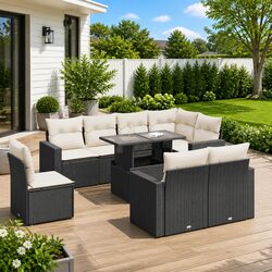 Garden Sofa Set 9 Piece Outdoor Furniture Black Poly Rattan Patio Seating with