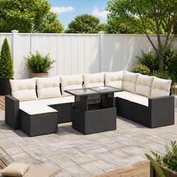 9 Piece Garden Sofa Set Outdoor Furniture Black Poly Rattan with Cushions