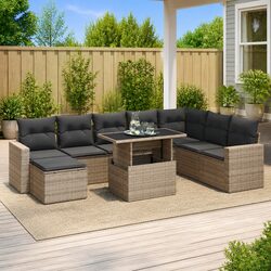 Garden Sofa Set 9 Piece Outdoor Furniture Grey Poly Rattan Patio Sectional with