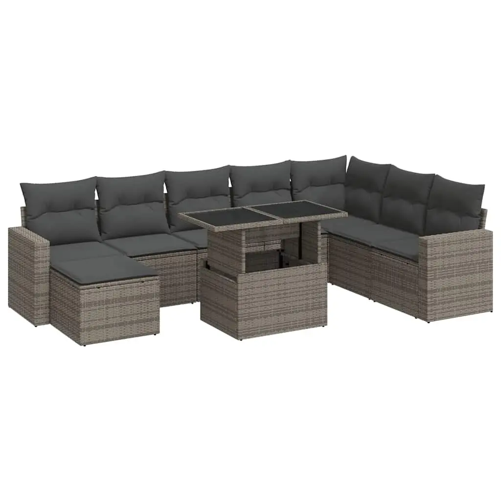 Garden Sofa Set 9 Piece Grey Poly Rattan Outdoor Furniture Sectional with Adjustable Table and Storage