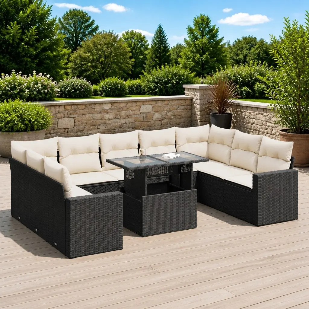 10 Piece Garden Sofa Set with Storage Cushions Black Outdoor Furniture